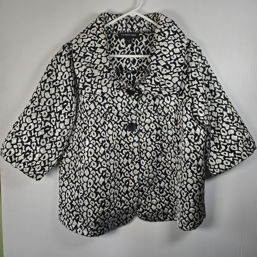 T&W Designs Women's Black Silver Metallic 3/4 Sleeve Jacket Unstructured Size M